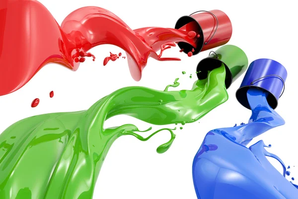 Pouring paints of CMYK colors from its buckets