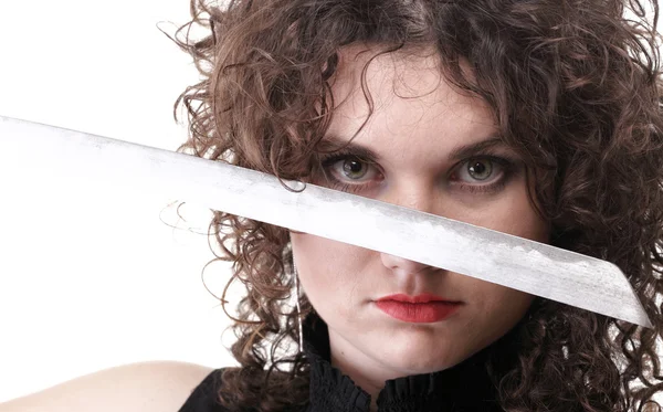 Portrait curly woman curly girl and sword