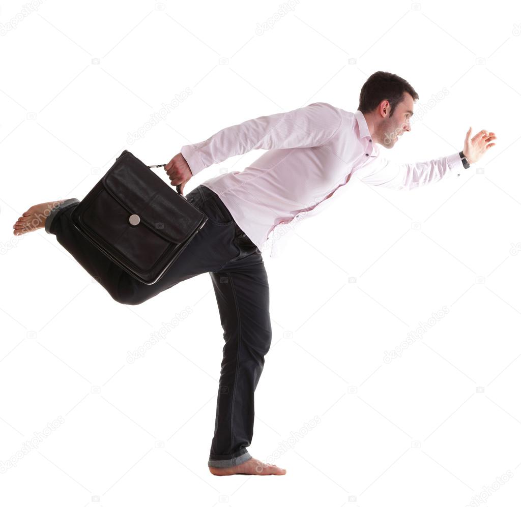 Businessman running with a briefcase isolated — Stock Photo ©