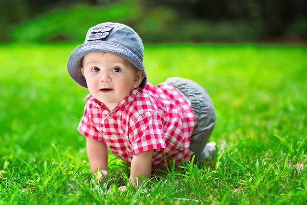 Cute baby crawling in the grass