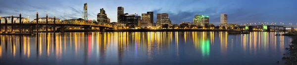 Portland Downtown Along Willamette River at Blue Hour