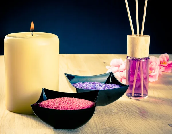 Spa massage border background with perfume diffuser and sea salt