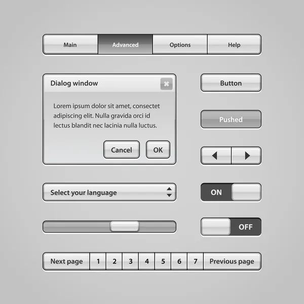 Clean Light User Interface Controls 3. Web Elements. Website, Software UI: Buttons, Switchers, Slider, Arrows, Drop-down, Navigation Bar, Menu, Scroller, Dialog Window, Pagination