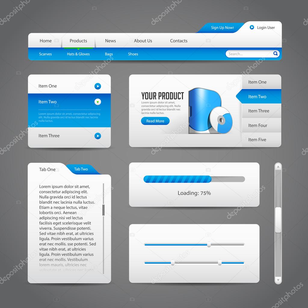 http://st.depositphotos.com/1186240/2700/v/950/depositphotos_27008051-Web-UI-Controls-Elements-Gray-And-Blue-On-Dark-Background-3-Navigation-Bar-Buttons-Slider-Message-Box-Menu-Tabs-Login-Search-Menu-Scroll-Progress-Bar-Accordion.jpg