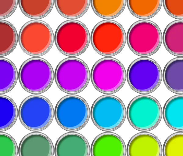 Paint cans color palette, cans opened top view isolated on white