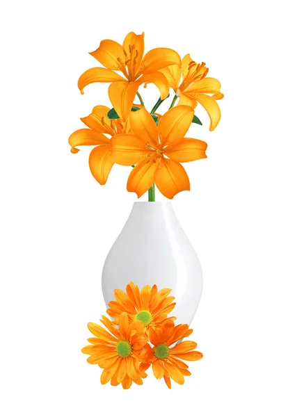Beautiful orange lily flowers in vase isolated on white