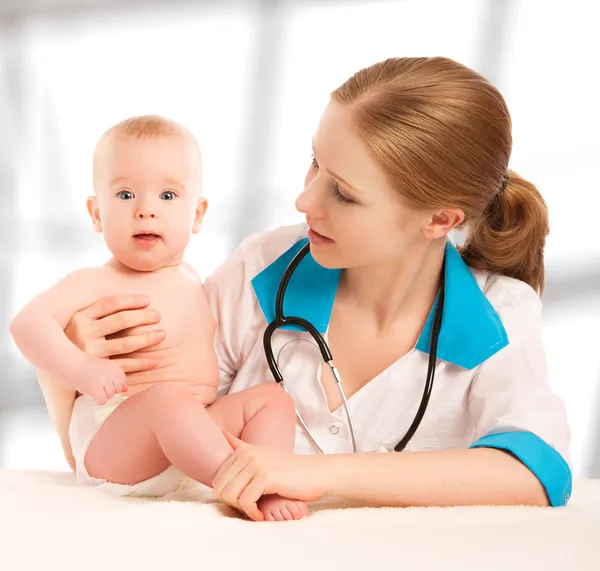 Baby and doctor-pediatrician. doctor listens to the heart with s
