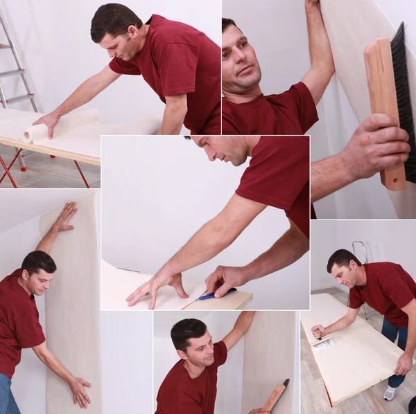 Montage of man wallpapering