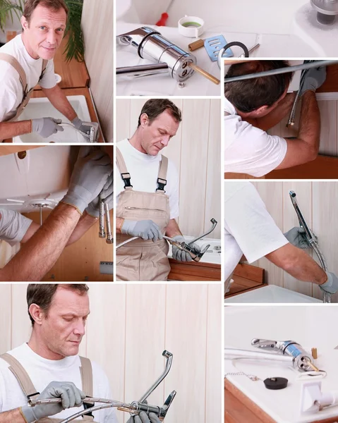 Montage of plumber repairing bathroom sink