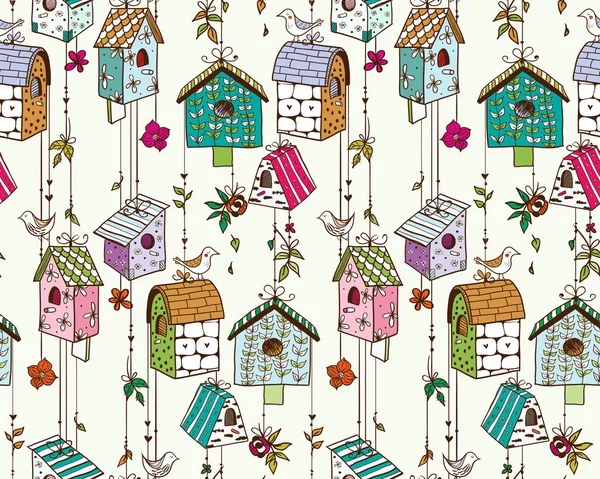 Doodle nesting boxes with birds seamless pattern.