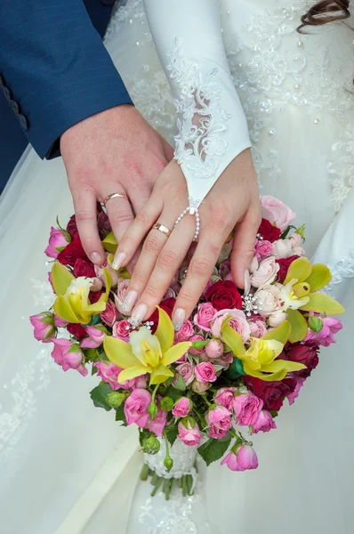 Wedding couple showing rings