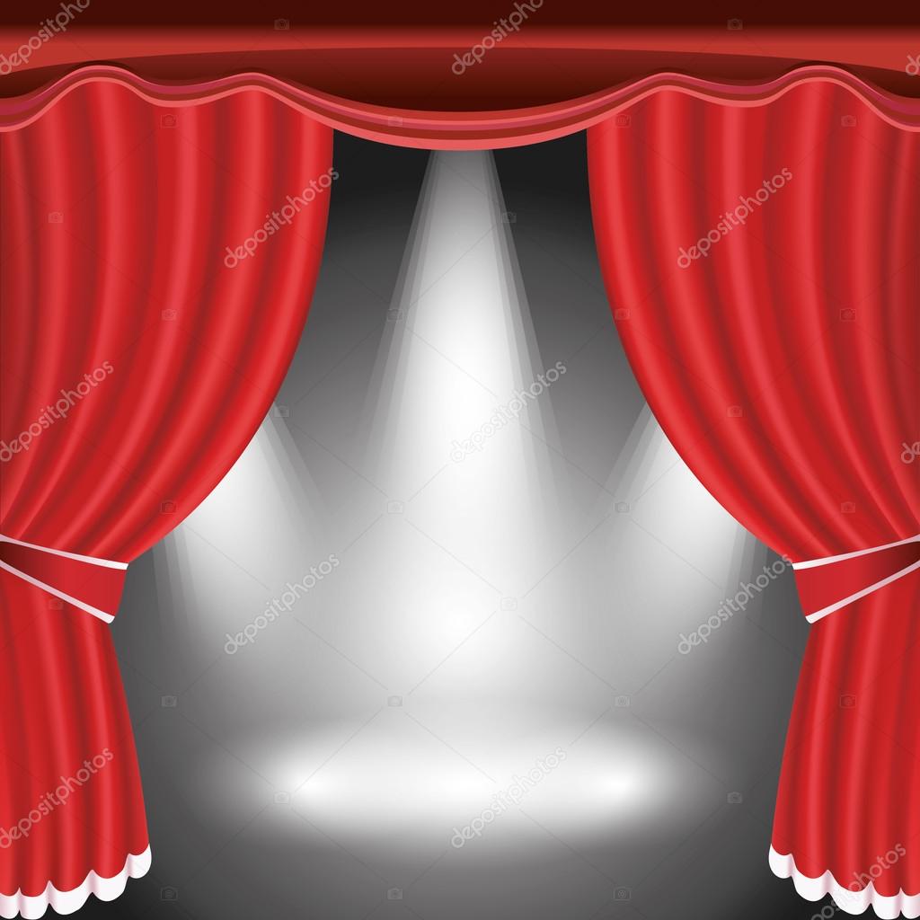 Theater podium met open rood gordijn en middelpunt van de ...