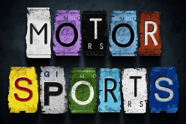 Motor sports word on vintage car license plates, concept sign