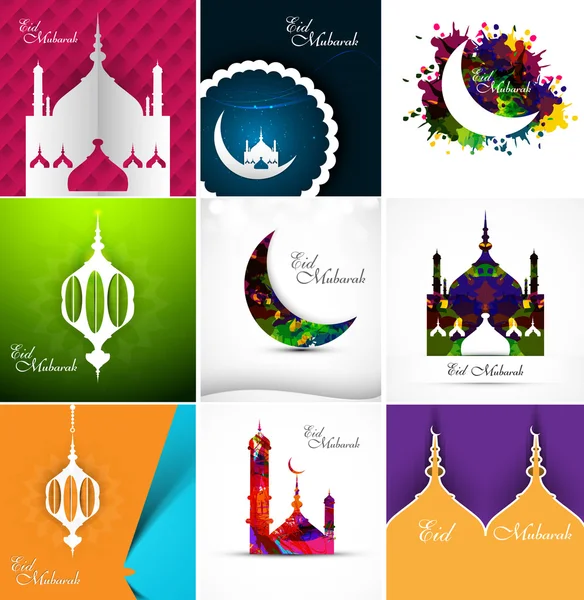 Mosque with colorful eid mubarak collection card set beautiful b