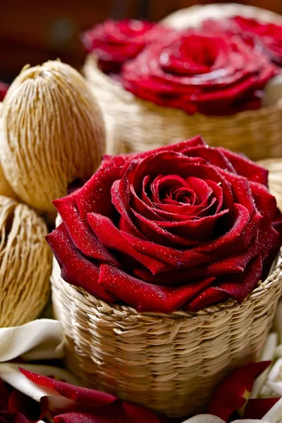 Roses in Wattle Baskets