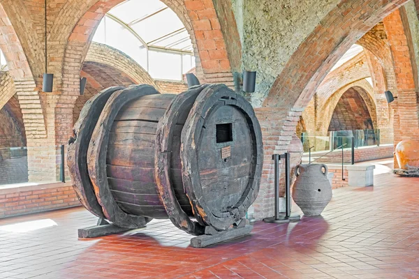 Old wine barrel from seventeen century in Codorniu winery.