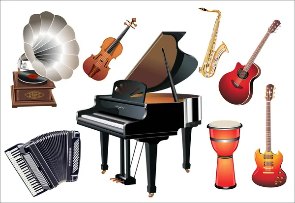 Different music instruments on the white background