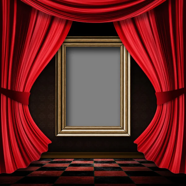 Red curtain room with wooden frame
