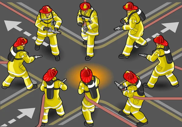 Isometric firefighter extinguisher in eight positions