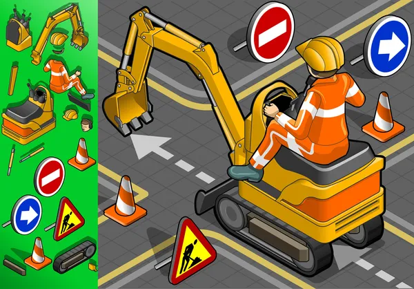 Isometric mini excavator with man at work in rear view