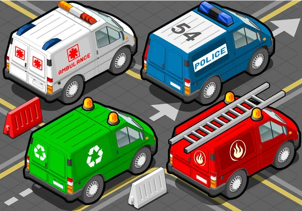 Isometric Trucks firefighters, police, ambulance, garbage collector in Rear view