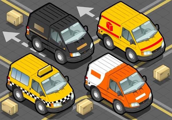 Isometric Delivery Trucks And Taxi In Front View
