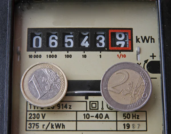 Electricity meter with two coins of one and two euros