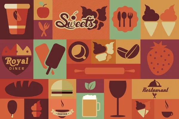 Collection of flat vintage retro food icons, flat design, vector illustration