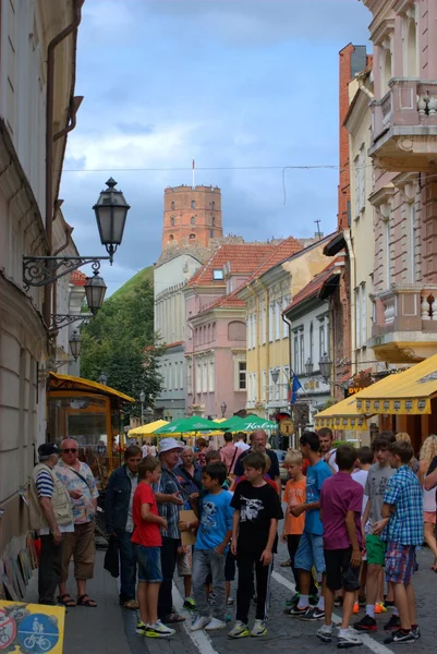 Vilnius city street view with gediminas castle tower.