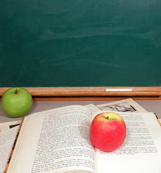 Apples of the knowledge, schoolbooks and blackboard Metaphor the green apple of the departure will become red at the end of schooling