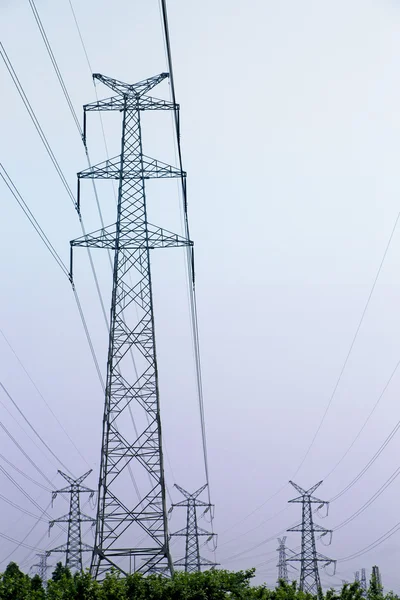Power lines on purple sky