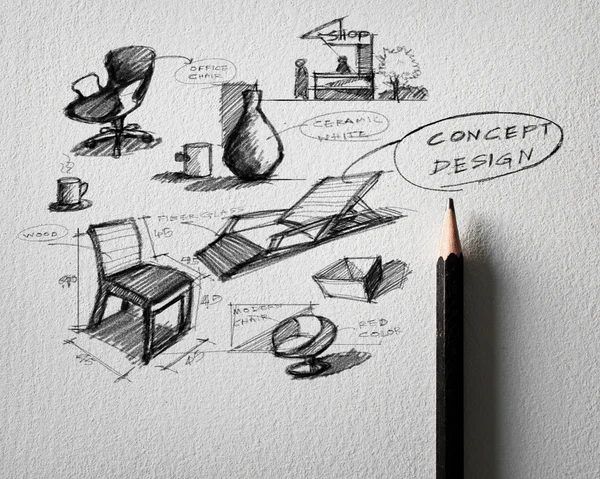 Pencil sketch of furniture concept design on white paper