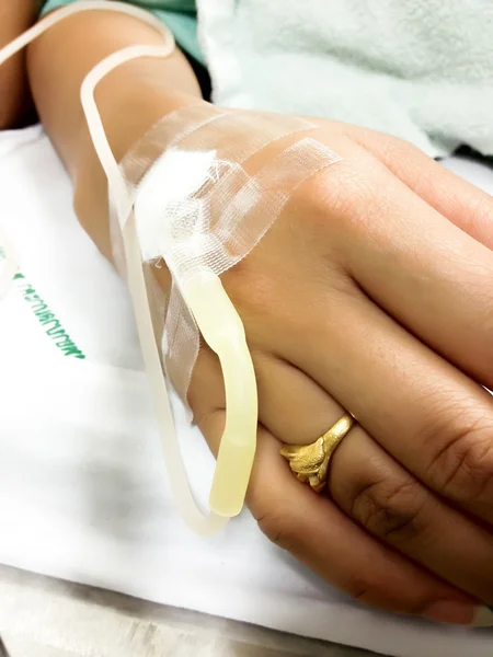 Image of women patient hand with an intravenous drip in hospital