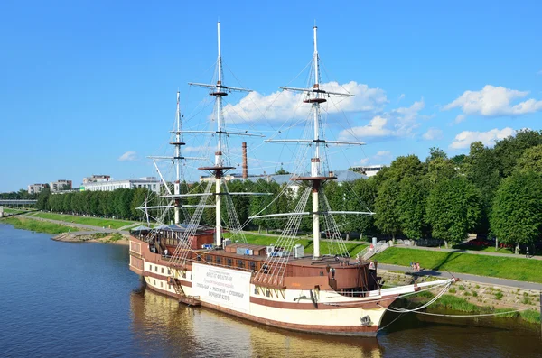 Novgorod, Russia, July, 06, 2014. Russian scene: Floating restaurant Frigate on Volkhov river, Novgorod the Great