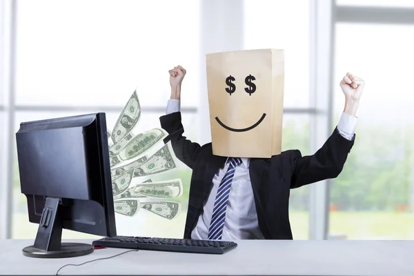 Happy face of businessman looking money 1