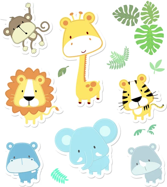 Cartoon illustration of seven baby animals and jungle leaves