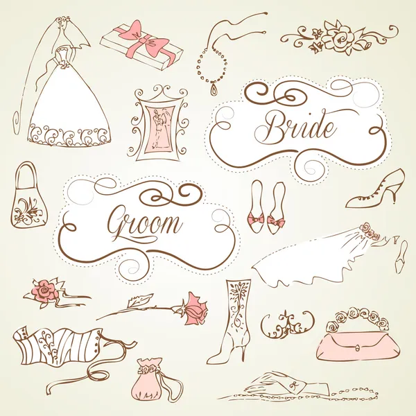 Wedding set of cute glamorous doodles and frames