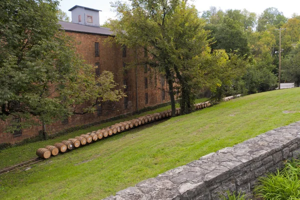 Line of whiskey barrels at distillery near warehouse