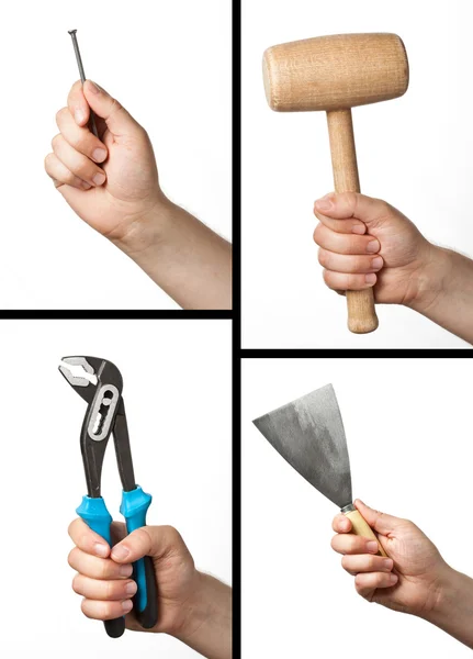 Set of different tools: hammer, wrench, putty knife and nail.