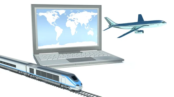 Concept of logistics. plane, train and laptop