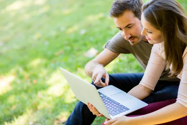 Couple using a laptop outdoors