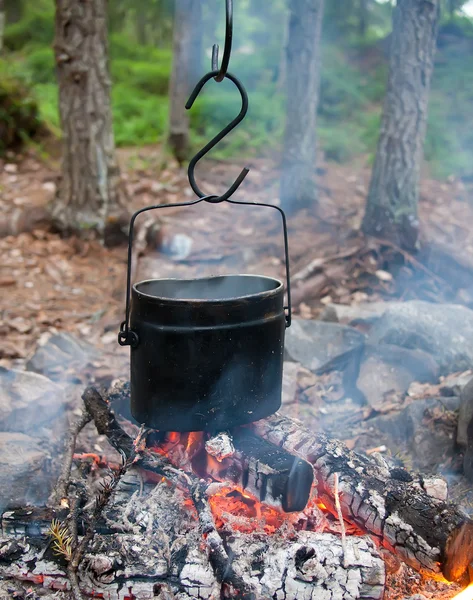 Boiling water in a kettle on fire