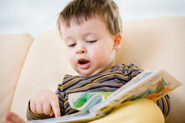Cute little boy reading book on sofa