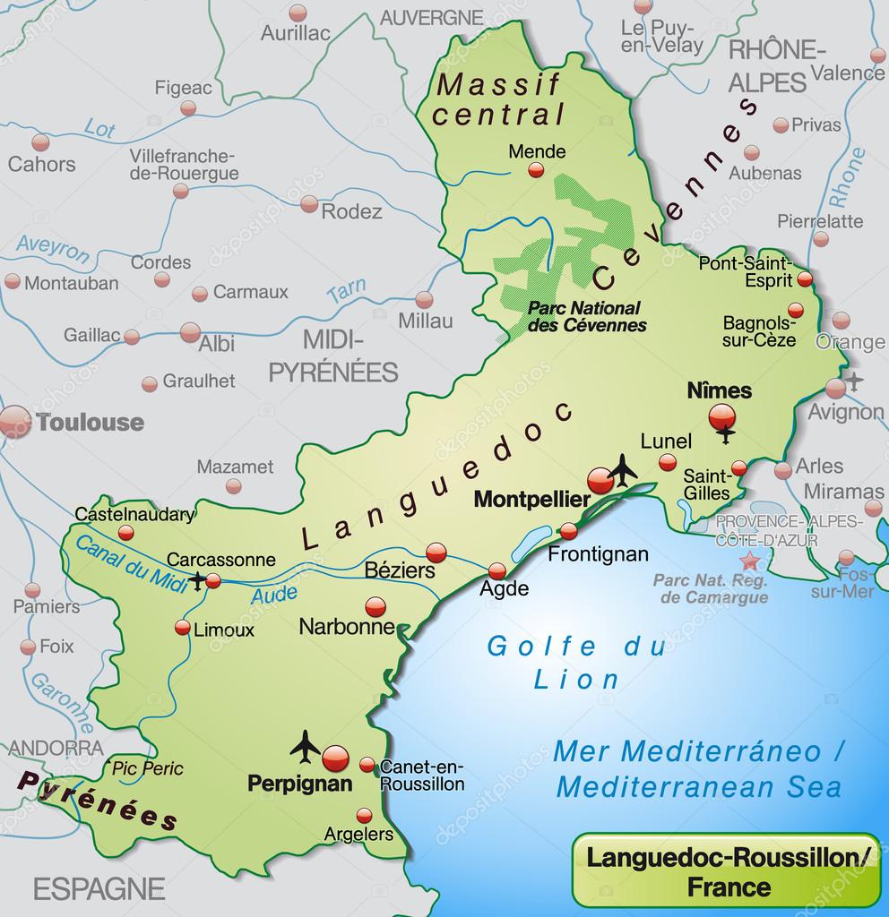 Mappa della regione della Linguadoca-Rossiglione — Vettoriali Stock