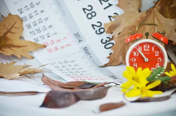 Alarm clock, calendar, dried leaves, yellow flowers and time