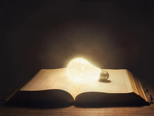 Bible with light bulb