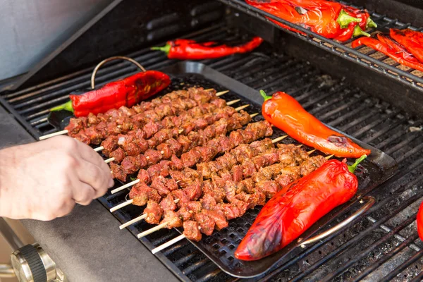 Barbecuing Skewers and red Chillies