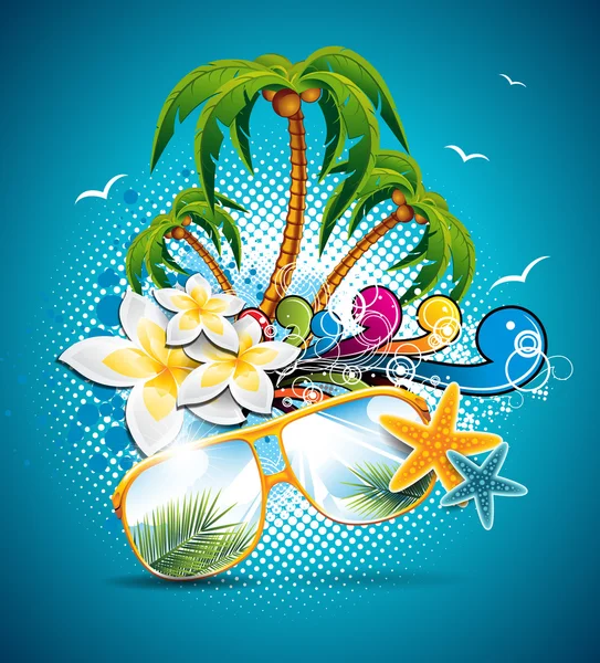 Vector Summer Holiday Flyer Design with palm trees and Paradise Island on clouds background. Eps10 illustration.