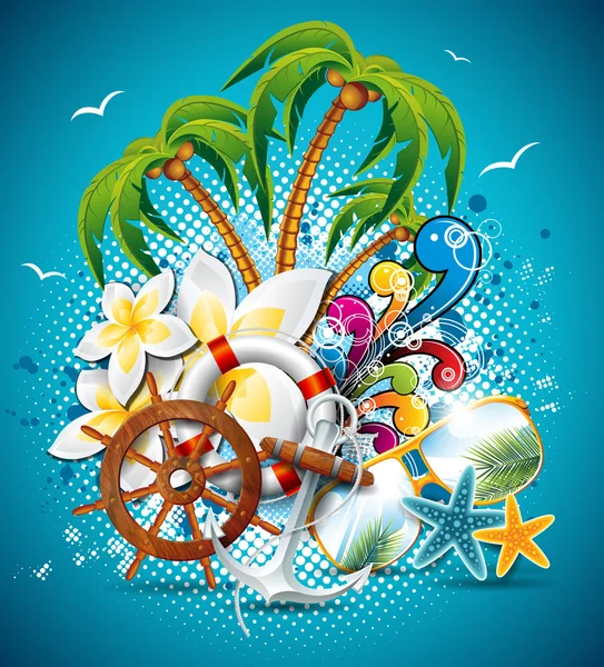 Vector Summer Holiday Flyer Design with palm trees and shipping elements.