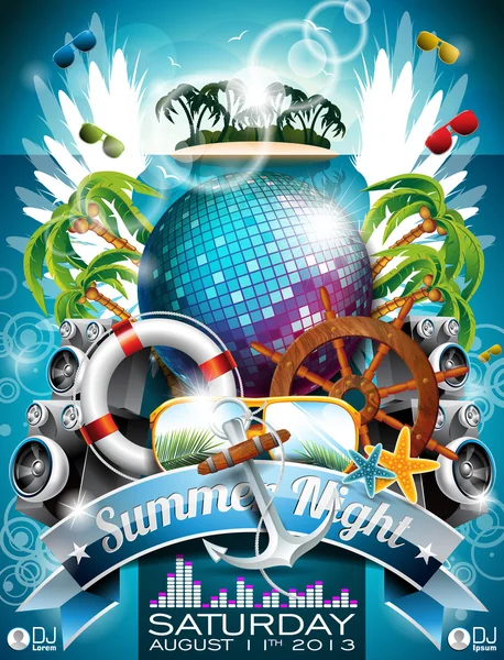 Vector Summer Beach Party Flyer Design with disco ball and shipping elements on tropical background.